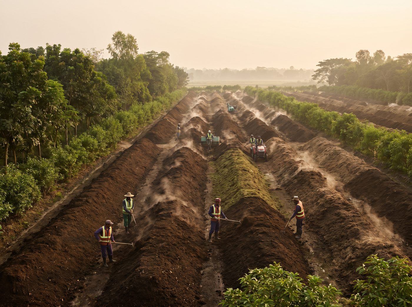 Organized rows of organic-waste compost windrows with workers at a composting site in Chattogram, Bangladesh