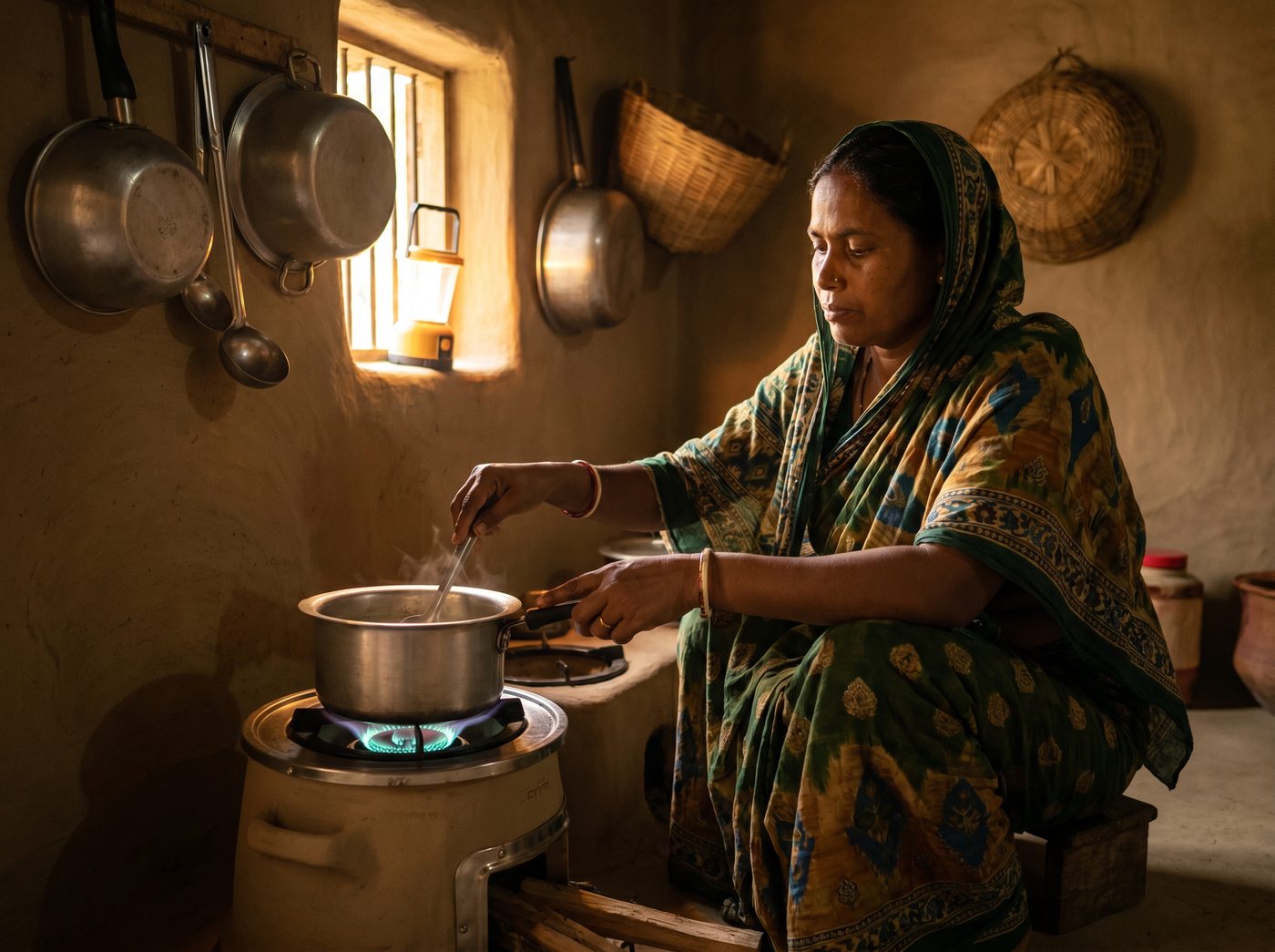 Woman cooking on a clean improved cookstove with a clean blue flame in a rural household in Rangpur, Bangladesh