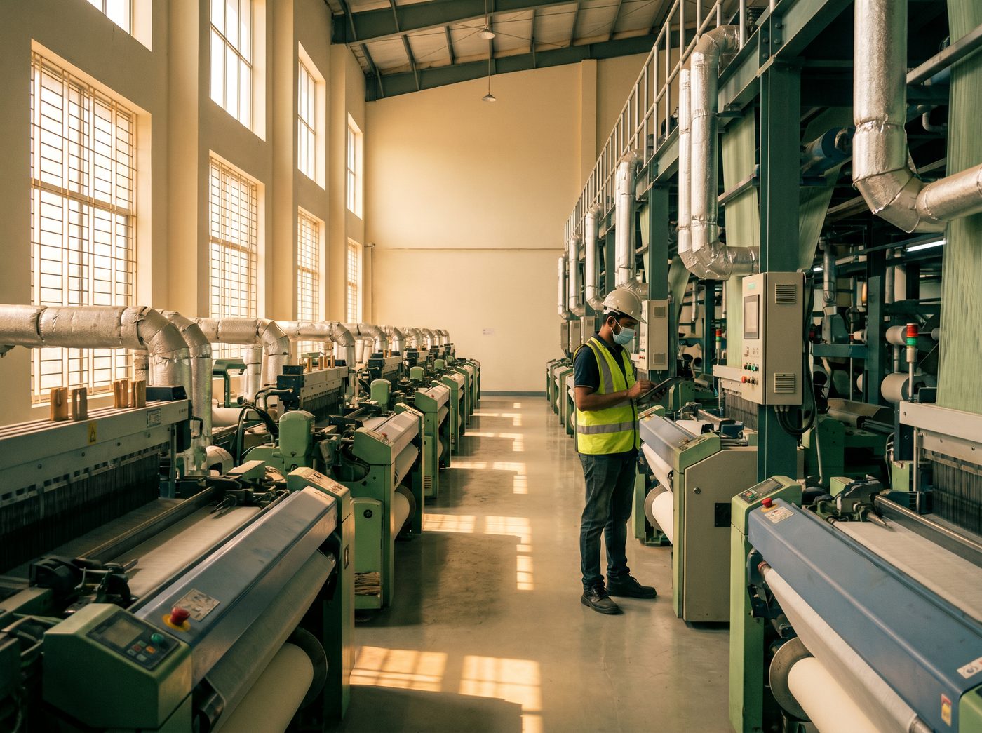 Bright, modern energy-efficient textile factory floor with a worker inspecting machinery in Gazipur, Bangladesh