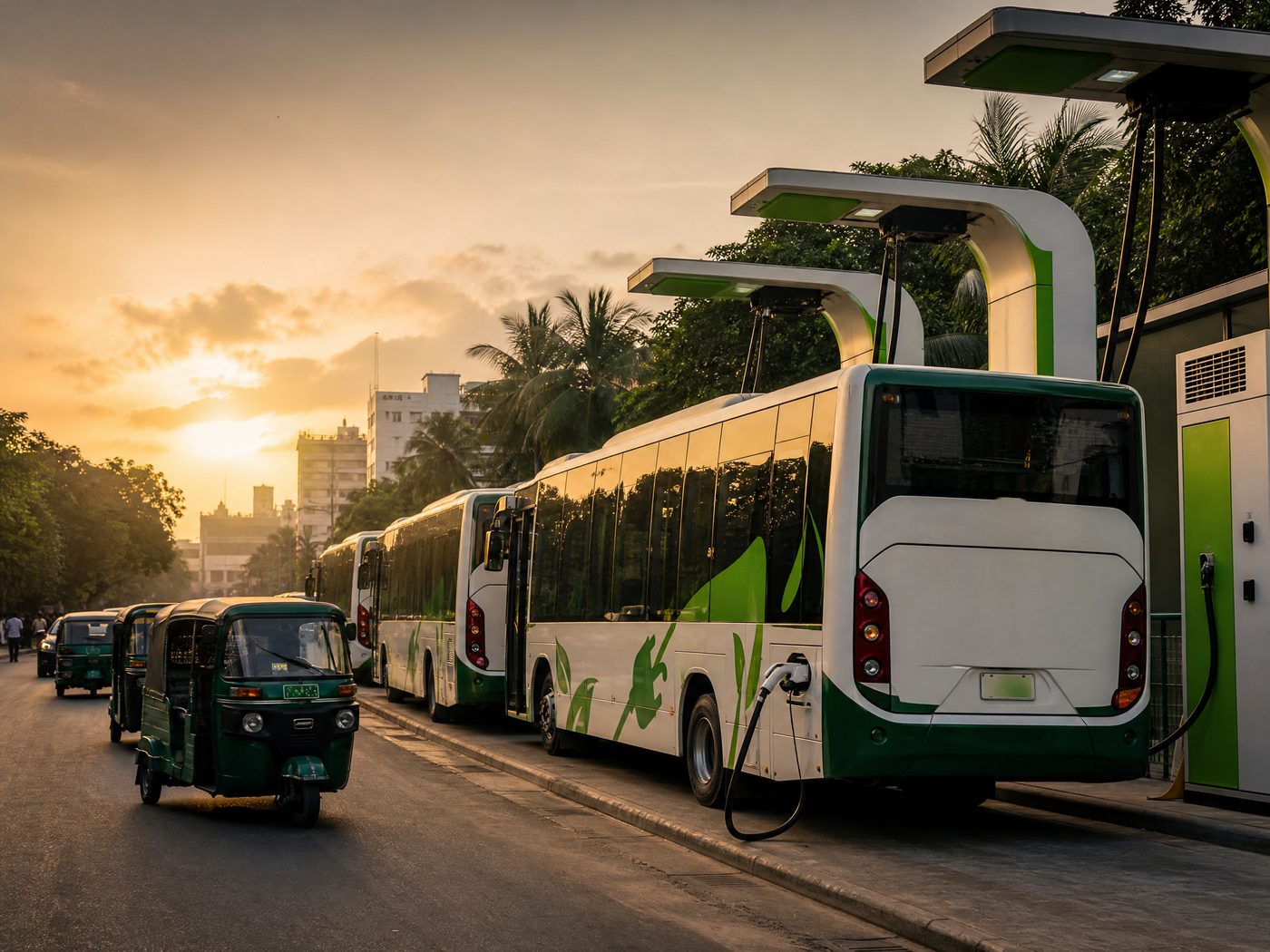 Modern green-and-white electric buses at a charging station with electric rickshaws on a clean Dhaka street at golden hour, Bangladesh