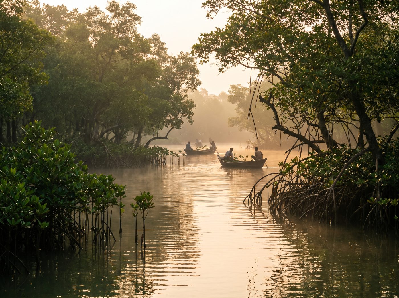 Mangrove restoration in the Sundarbans, Bangladesh — community workers planting seedlings along tidal channels at golden hour