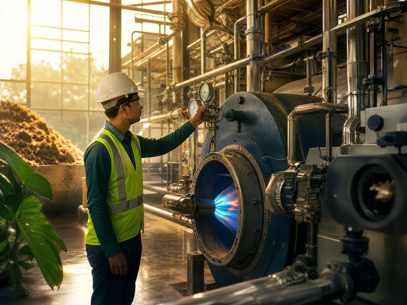 Engineer inspecting a clean-burning industrial boiler in Narayanganj, Bangladesh